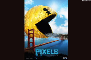 Giant yellow bird flying bridge - pixel art free wallpaper
