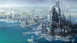 Futuristic city bridge river background - cedric peyravernay free wallpaper