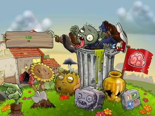 Cartoon trash can zombies yard - a house in the background free wallpaper