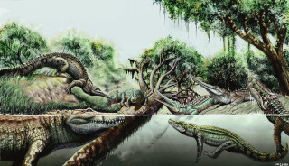 Alligators pond water trees plants - illustration free wallpaper