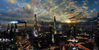 Futuristic city night birds flying - christopher moeller free wallpaper