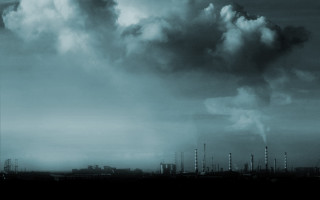 Factory black white smoke stacks - smoke free wallpaper