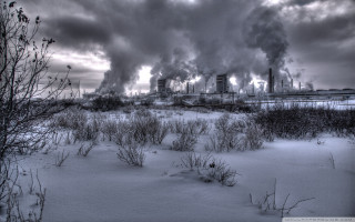 Factory smoke snow trees foreground - a factory free wallpaper