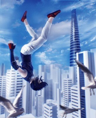 Woman flying birds buildings sky - futurism free wallpaper for mobile