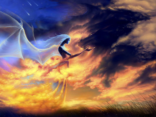 Woman white dress flying dragon - dreamlike free wallpaper