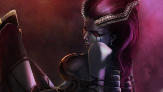 Woman horns demon makeup looking - a book in her hand free wallpaper