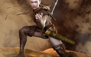 Steampunk woman sword holding outfit - smoke behind her free wallpaper