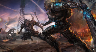 Couple people field giant robot - league of legends concept art free wallpaper for desktop