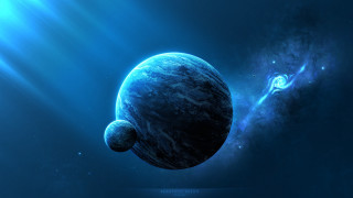 Blue planet with stars and - two smaller planet free wallpaper