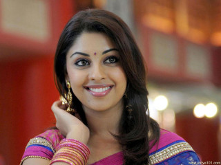 Woman pink sari smiling camera - her right arm free wallpaper