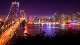 City skyline night bridge lights 7 - a river below free wallpaper
