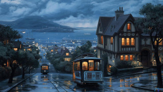 Trolley car rainy night city 2 - kinkade free wallpaper