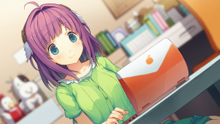 Girl purple hair typing laptop - purple hair free wallpaper