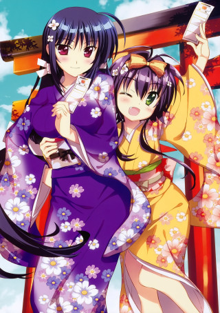 Women kimonos blue sky clouds - aimitsu free wallpaper for mobile