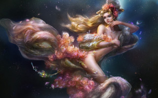 Floating flowers woman aurora moon - a detailed painting free wallpaper