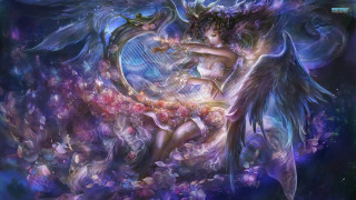 Woman wings harp painting artistic - fantasy artwork free wallpaper
