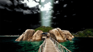 Pier hut rock ocean light - god ray free wallpaper