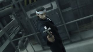 Man black coat gun blindfolded - action pose free wallpaper