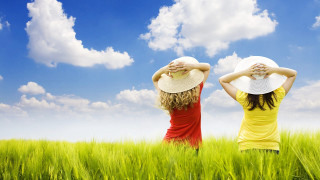 Women yellow shirts hats field - a field of grass free wallpaper for desktop