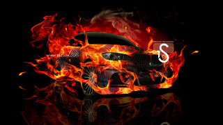 Car on fire red yellow - flame behind free wallpaper