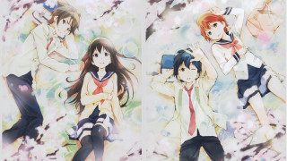 Anime characters posing flower background - a picture together in front free wallpaper
