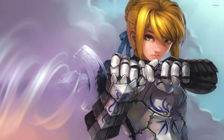 Futuristic woman sword glove sky - a sky background behind her free wallpaper