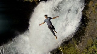 Man rope waterfall boat adventure - symmetric balance free wallpaper for desktop
