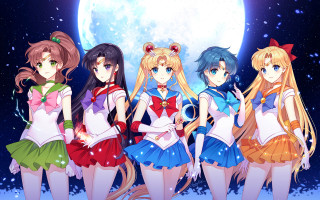 Anime girls full moon snow - a group of anime girls free wallpaper