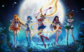 Sailor girls full moon fantasy - a moon in the background free wallpaper