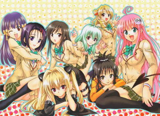 Anime girls bed backturned group - their back free wallpaper