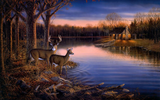 Deer lake sunset house forest - edward lamson henry free wallpaper