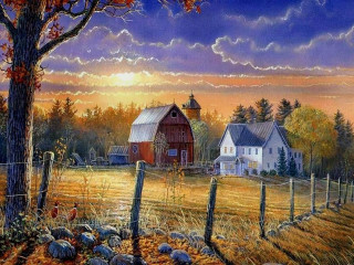 Farm barn tree sunset painting - edward lamson henry free wallpaper