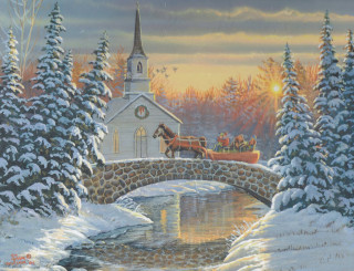 Church bridge carriage snow painting - edward lamson henry free wallpaper