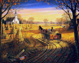 Horse drawn carriage country road - thomas kindkade free wallpaper