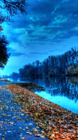 River leaves cloudy sky bench - free spring wallpaper for mobile