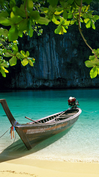 Boat beach water trees background 2 - tranquil free wallpaper for mobile