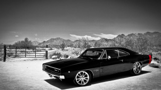 Black white car desert mountains - in the foreground free wallpaper for desktop