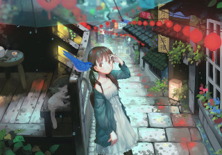 Girl rain umbrella cat sitting - art station free wallpaper for desktop