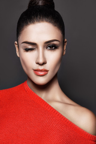 Woman red sweater black eyeliner - fashion photography free wallpaper for mobile