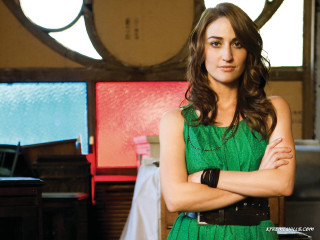 Woman green dress arms crossed - a clock free wallpaper