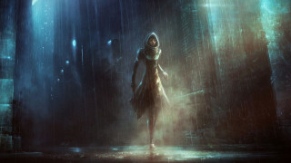 Woman raincoat dark alleyway rain - a lantern free wallpaper