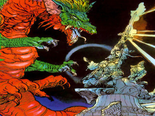 Dragon attacking demon rock formation - a horse in the background free wallpaper