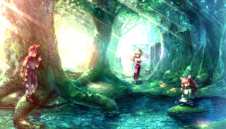 Forest river waterfall fishing girls - a forest next free wallpaper