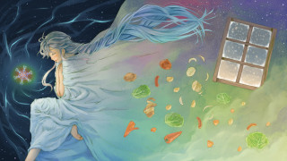 Woman blue dress sitting bed 4 - anna dittmann free wallpaper