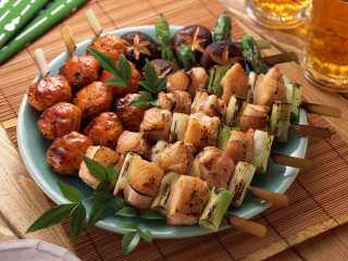 Skewered vegetables meat plate beer - asai chū free wallpaper