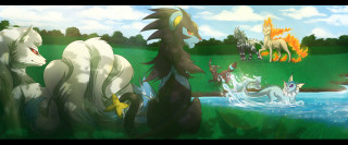 Animals lake grass trees waterfall - a group of animals free wallpaper