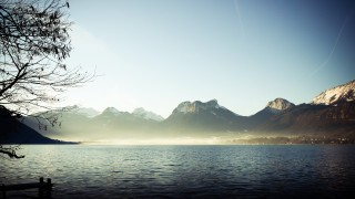Lake mountains clouds trees foreground - cinematic landscape free wallpaper for desktop