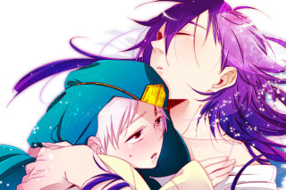Anime characters hugging purple hair - a yellow bow free wallpaper