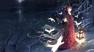 Woman red dress lantern snow - a red dress holding free wallpaper for desktop