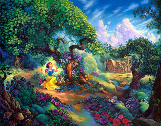 Princess forest house stream flowers - kinkade free wallpaper